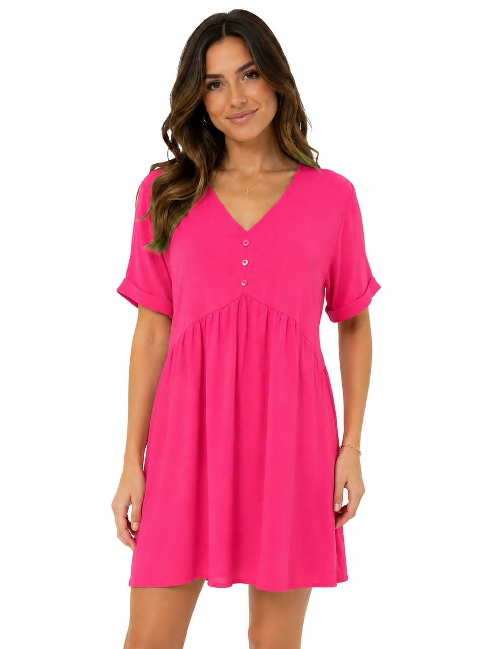 Women's V-Neck Short Sleeve Midi Dress in Bright Pink